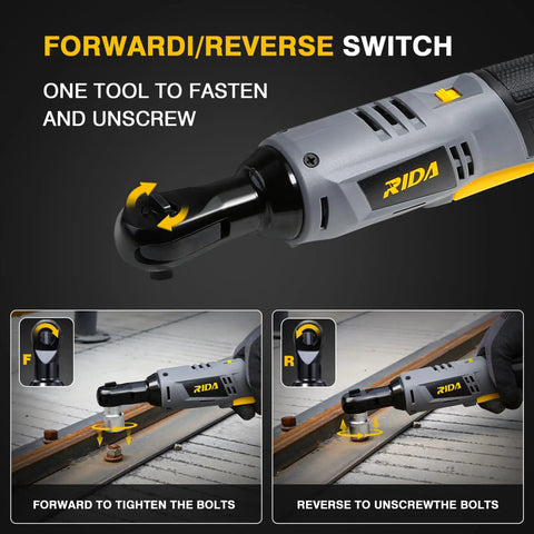 Cordless Ratchet Wrench Set 60 Nm 20V Electric 3/8 Inch Kit with forward reverse switch shown in use on bolts