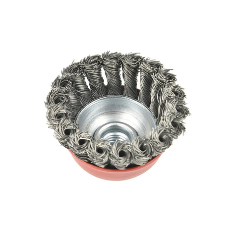 3 Inch Wire Cup Brush Set Four Pack Twisted Knotted Cup Brushes For Grinders With 5 8 11 Threaded Arbor For Angle Grinders Max RPM 12500 Dope Pro Grade Carbon Steel For Rust Removal And Heavy Duty Abrasives close-up view