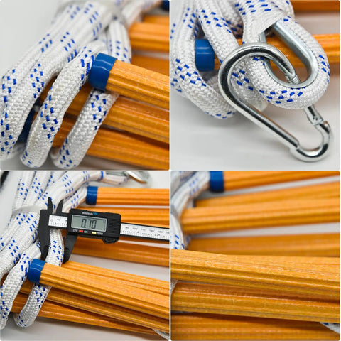 Close-up of 16 Foot Fire Escape Rope Ladder for 2 to 3 Story Homes with metal hook and measuring caliper for size reference.