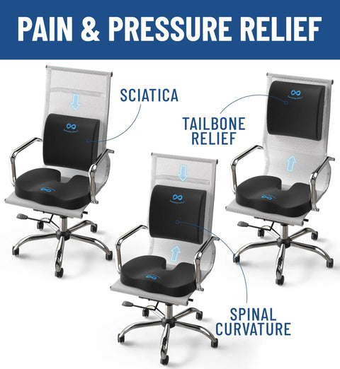 Doctor Recommended Memory Foam Seat Cushion For Office Chairs And Cars, Ergonomic Tailbone Pain Relief And Sciatica Support shown on office chairs.