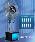 Heavy Duty Standing Misting Fan With Three Speed Settings And Wide Oscillating Head Industrial Water Spray Cooler on a pedestal with water tank