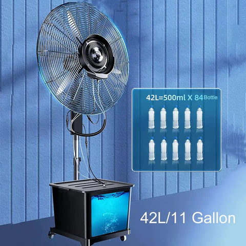 Heavy Duty Standing Misting Fan With Three Speed Settings And Wide Oscillating Head Industrial Water Spray Cooler on a pedestal with water tank