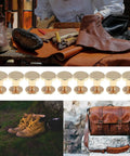 Built Tough Gold Chicago Screws, 20 Pack Heavy Duty Metal Rivets displayed with leather goods and crafting tools.