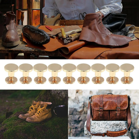 Built Tough Gold Chicago Screws, 20 Pack Heavy Duty Metal Rivets displayed with leather goods and crafting tools.
