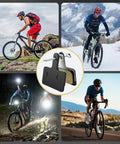 Collage of cyclists and 4 Pack Bike Brake Pads Set Universal Bicycle Disc Pads Semi Metallic Low Noise All Weather.