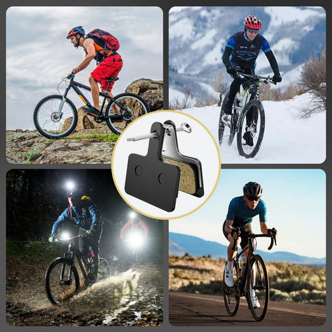 Collage of cyclists and 4 Pack Bike Brake Pads Set Universal Bicycle Disc Pads Semi Metallic Low Noise All Weather.