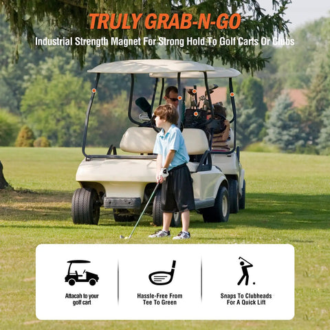 Golf player with Magnetic Golf Towel 23.6x15.7 Inches on cart, showing hands-free attachment for easy club wiping