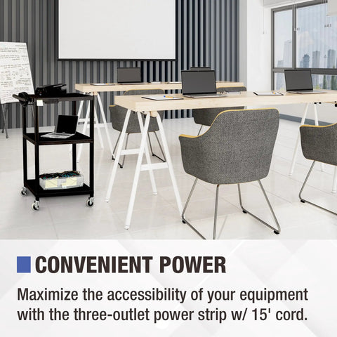 Mobile AV Cart With Power Strip And Casters, Rolling Presentation And Media Cart On Wheels, Black in classroom setup