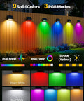 4 Pack Solar Fence Lights With Remote Control showing 9 colors, 3 modes on wooden fence, illustrating color variation and brightness.