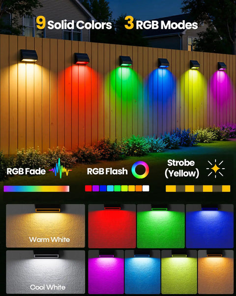 4 Pack Solar Fence Lights With Remote Control showing 9 colors, 3 modes on wooden fence, illustrating color variation and brightness.