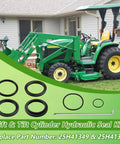 Lift And Tilt Hydraulic Seal Kit For Front End Loader Cylinders Compatible With 1 3 4 Inch Bore And 1 1 4 Inch Rod 19 1 4 Inch Stroke Replacement Part Numbers 24H41202 25H48747 25H50666 Includes Locking Wire, seal rings and retaining wire beside tractor loader