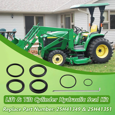 Lift And Tilt Hydraulic Seal Kit For Front End Loader Cylinders Compatible With 1 3 4 Inch Bore And 1 1 4 Inch Rod 19 1 4 Inch Stroke Replacement Part Numbers 24H41202 25H48747 25H50666 Includes Locking Wire, seal rings and retaining wire beside tractor loader