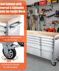 Beefy 72 Inch Rolling Tool Chest With Solid Wood Top And Stainless Steel Cabinet, 15 Drawers For Serious Storage, Locking Wheels And Built In Power Outlets in garage workshop.