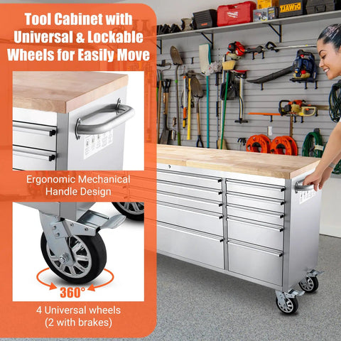 Beefy 72 Inch Rolling Tool Chest With Solid Wood Top And Stainless Steel Cabinet, 15 Drawers For Serious Storage, Locking Wheels And Built In Power Outlets in garage workshop.