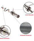 48 Inch Olympic Curl Bar With Rotating Sleeves And Ring Collars For Home Gym, diamond knurled handle close-up and lock collars