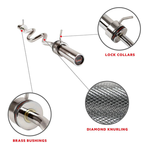 48 Inch Olympic Curl Bar With Rotating Sleeves And Ring Collars For Home Gym, diamond knurled handle close-up and lock collars