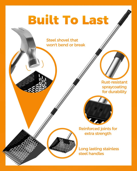 Two In One Chicken Poop Scooper And Rake For Coop Cleanup, Adjustable From Thirty Five To Sixty Two Inches, with stainless steel handle