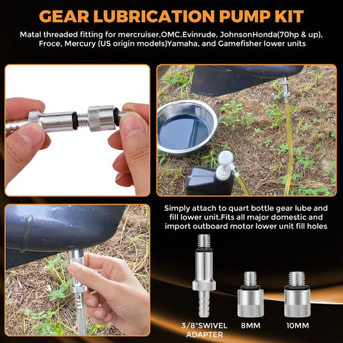 Lower Unit Gear Oil Pump For Standard Quart Bottles With 28mm Caps, 10cc Per Stroke, Three Eighths Inch Metal Swivel