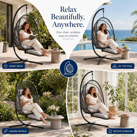 Comfy Hanging Egg Chair With Leg Rest And Stand In Gray, Rattan Wicker Swing Hammock with UV Resistant Cushion in various outdoor settings