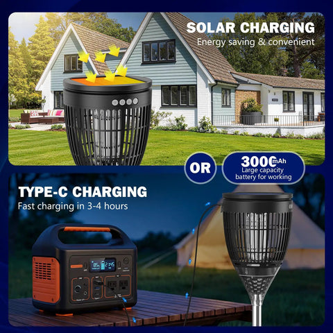 Super Effective Solar Bug Zapper Outdoor Kills Mosquitoes Gnats Flies Fast With 4200V High Voltage Zap Flame Projection Auto Manual Modes Ip X5 Waterproof Rechargeable Trap For Patio Backyard Garden Yard And Rv Camping with solar and USB-C charging
