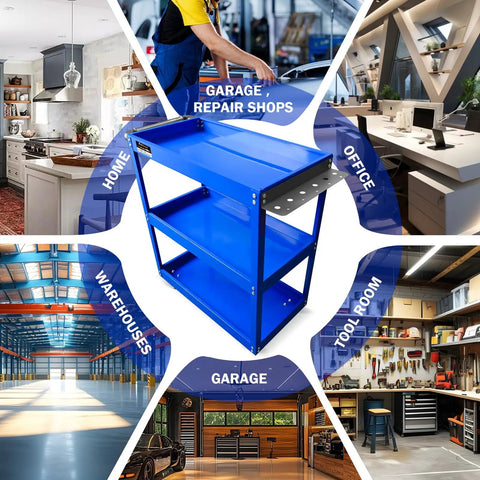Three Tier Rolling Tool Cart With Beefy Steel 440 Lbs Capacity Thick 0.9mm Construction Rust Resistant Powder Coat Finish Easy Assembly Mobile Utility Cart For Mechanics Garage Workshop Warehouse, blue 3-tier