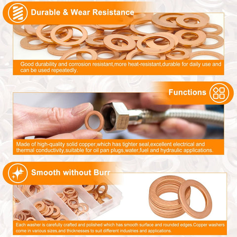 Copper sealing washers set, 200 pcs, 9 sizes (M5–M14), flat copper rings for gaskets and fittings