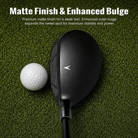 21 Degree Hybrid Golf Club For Maximum Forgiveness And A Big Sweet Spot, club head with matte finish next to golf ball on turf