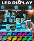 LED Lighted 3 Tier Liquor Bottle Shelf With Remote For Your Home Bar Setup 24 Inch Display Rack showcasing bottles in multicolor lighting.