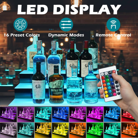 LED Lighted 3 Tier Liquor Bottle Shelf With Remote For Your Home Bar Setup 24 Inch Display Rack showcasing bottles in multicolor lighting.