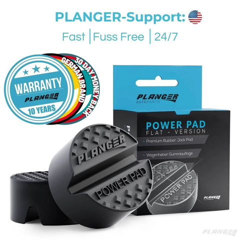 Power Pad Flat Premium Rubber Jack Pad For Trolley Jacks Vehicle Lifts And Axle Stands Universal Fit Keeps Your Ride Safe From Dings Pinch Weld Sill On Cars SUVs And Trucks Great For Car Tuning And Maintenance 1 Year Warranty product packaging with pad close-up