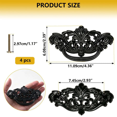4 Pack 3 Inch Vintage Antique Brass Drawer Pulls With Dark Bronze Finish, shown with measurements and in hand.