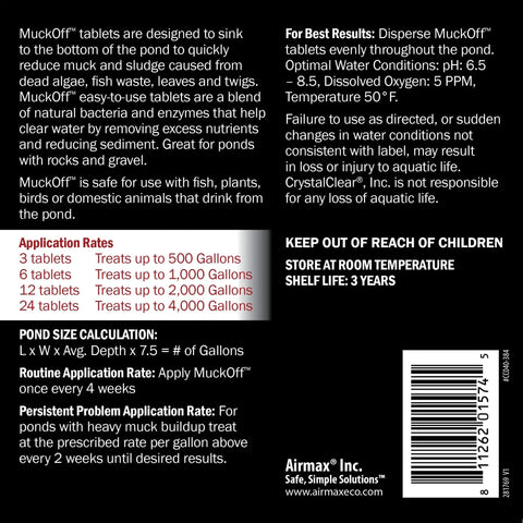 Instructions and application rates for MuckOff Pond Muck Treatment For Water Gardens And Bird Baths With Natural Bacteria And Enzymes, No Mess Easy To Use Sludge Remover For Fountains, Safe For Fish, Pets, And Aquatic Life, 24 Tablets