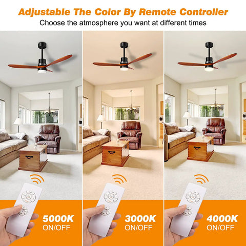52 Inch Wood Ceiling Fan With Remote Control, 3 Color Temperature LED Light Kit in Rustic Vintage Farmhouse Style living room