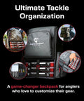 Largemouth 3.0 Tackle Backpack With Patent Pending Modular Dividers showing trays, pockets, and gear organization features.