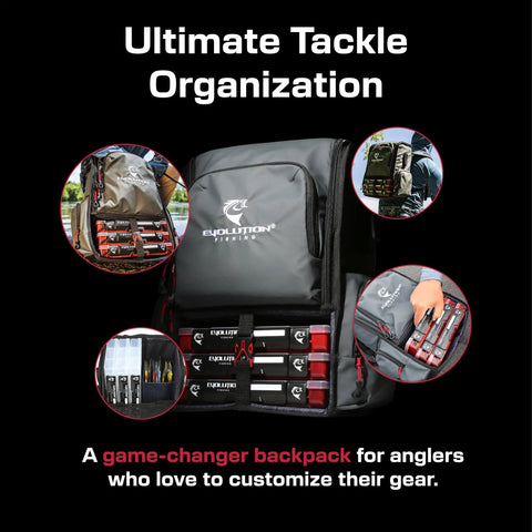 Largemouth 3.0 Tackle Backpack With Patent Pending Modular Dividers showing trays, pockets, and gear organization features.