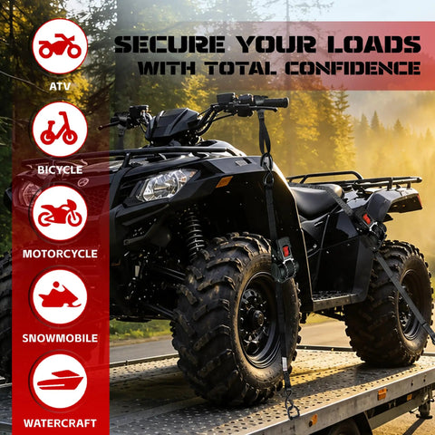 Heavy Duty Retractable Ratchet Straps One Inch By Thirteen Foot Bolt On Cargo Tie Down securing ATV on trailer in natural setting.
