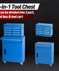 Badass Heavy Duty Rolling Tool Chest With Five Snappy Drawers And Detachable Top Box displaying two parts in classic blue.