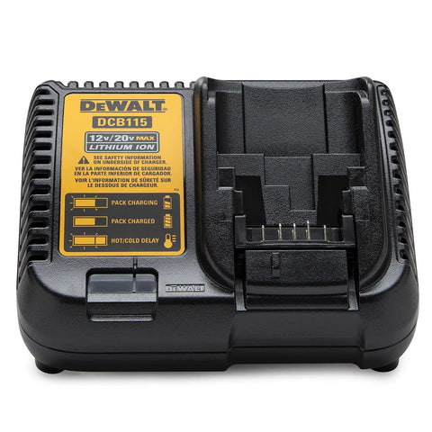 Heavy And Dependable 20V Max Lithium Ion Brushless Hammer Drill Kit charger with indicators for pack charging and charged.