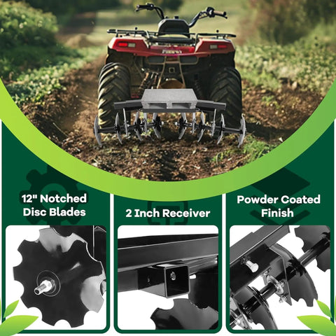 54 Inch Disc Plow Harrow For ATV UTV With 2 Inch Receiver and 12" Notched Discs in field, powder coated finish