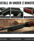 Side Saddle Shotgun Shell Holder V2 6-Shell Pouch installation on Mossberg 500 in four steps, showing shell holder attachment.