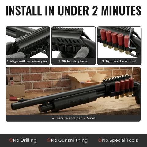 Side Saddle Shotgun Shell Holder V2 6-Shell Pouch installation on Mossberg 500 in four steps, showing shell holder attachment.