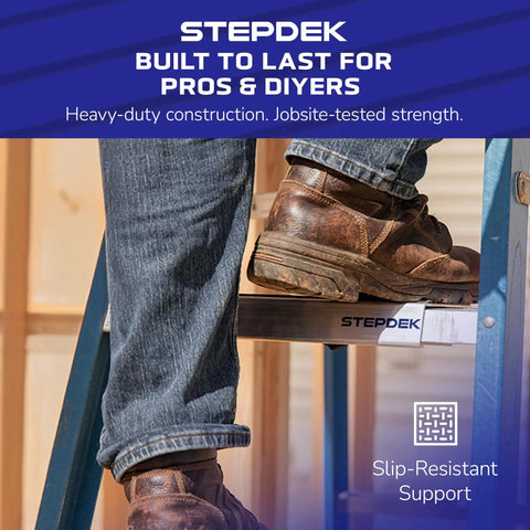 Heavy Duty Aluminum Ladder Platform Attachment For A Frame Steps With Foolproof No Slip Grip Lightweight Jobsite Heavy Hitter underfoot on jobsite.
