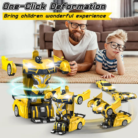 Father and son playing with Dope Transform RC Car for Kids 3 to 8, 2.4GHz Remote, featuring robot transformation and 360 spin.