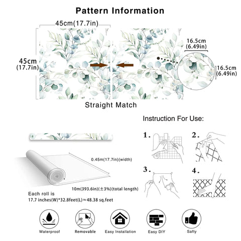 Easy Peel And Stick Boho Eucalyptus Green And White Floral Wallpaper For Walls instructions and pattern details