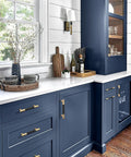 Kitchen with blue cabinets featuring 10 Pack Gold And Black 3 3/4 Inch Brass Round Knurled Pattern Drawer Pulls Cabinet Handles.