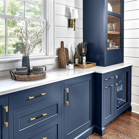 Kitchen with blue cabinets featuring 10 Pack Gold And Black 3 3/4 Inch Brass Round Knurled Pattern Drawer Pulls Cabinet Handles.