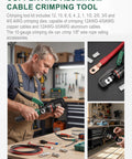 Man using Ultimate Heavy-Duty Hydraulic Cable Crimping Tool for Battery Terminals, 12 to 4/0 AWG ranges, in workshop.