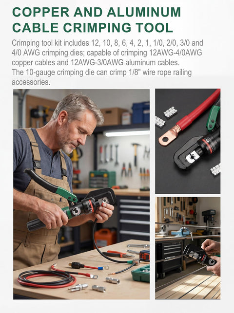 Man using Ultimate Heavy-Duty Hydraulic Cable Crimping Tool for Battery Terminals, 12 to 4/0 AWG ranges, in workshop.