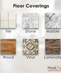 Different floor coverings including tile, stone, marble, wood, vinyl, and laminate for Cozy Up Your Floors With This 10 Sq Ft Heated Floor Mat Kit 120V Electric Radiant Floor Heating System For Tile Stone And Vinyl Easy Install With Adhesive Backing And Digital Programmable Floor Thermostat TH115AF120S.
