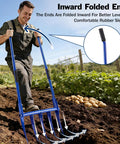 Man using Heavy Duty Broadfork 56 Inch Garden Tool with unbreakable build and five 11 inch cambered tines, blue finish, in a field.